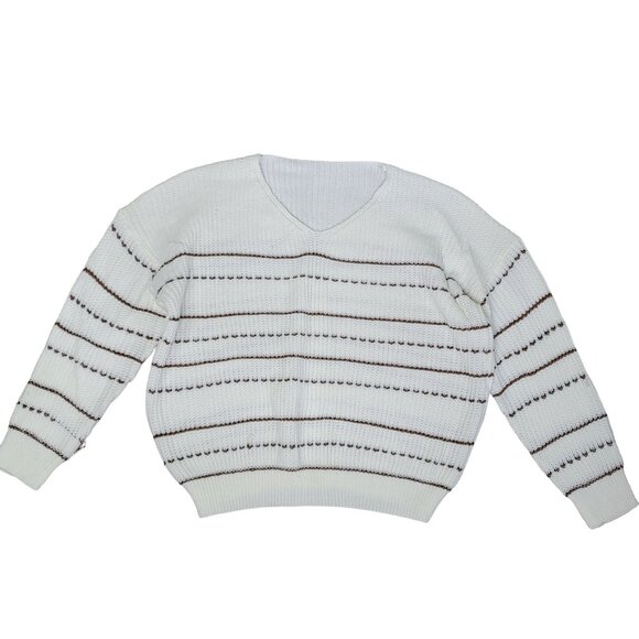Vintage Cream & Brown Striped Knit Sweater metalic gold stripes size Medium - Picture 2 of 8